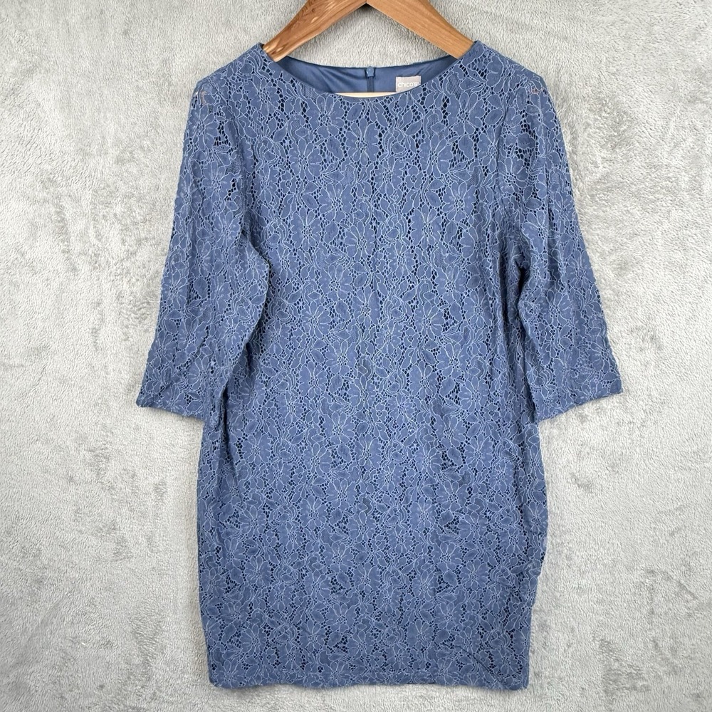 Chico's Shift Dress Womens 16 Blue Floral Lace 3/4 Sleeve Semi-Formal Wedding